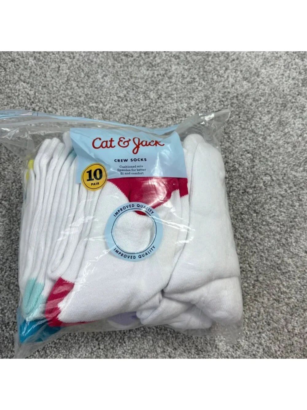 Cat Jack Crew Socks Unisex Kids 9-2 1/2 White Multi colored Toes Heels 10 Pairs